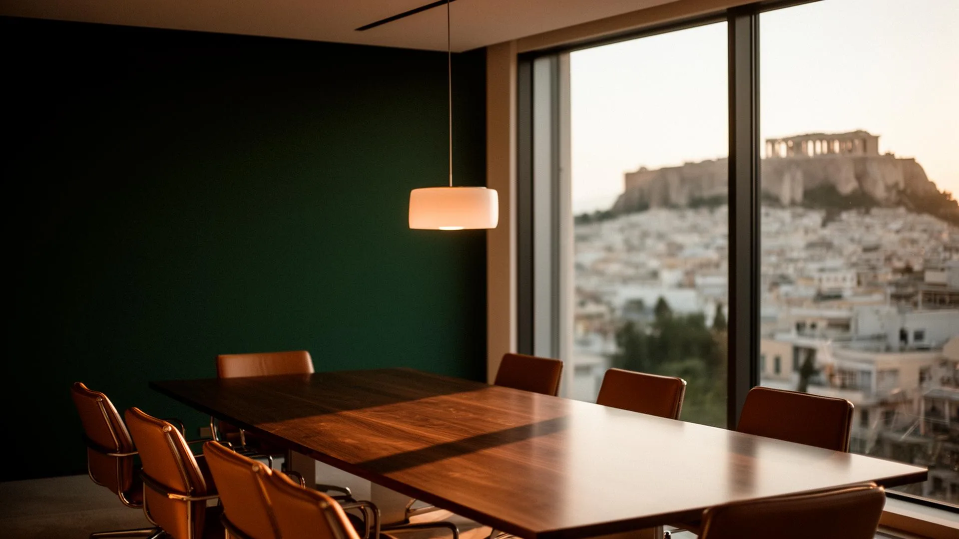TERRABONA consulting team in an Athens boardroom at golden hour, overlooking the city